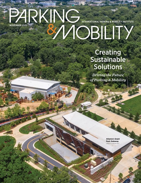 The cover of Parking & Mobility magazine showcases the best in the Parking Industry, featuring stunning visuals and articles on IPMI Awards.