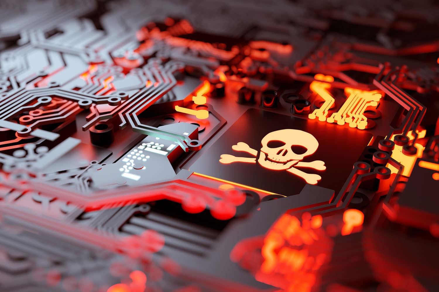 Skull & crossbones embedded in a computer motherboard glowing red