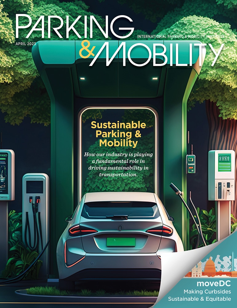 The cover of Parking & Mobility magazine showcases future technology advancements in mobility.