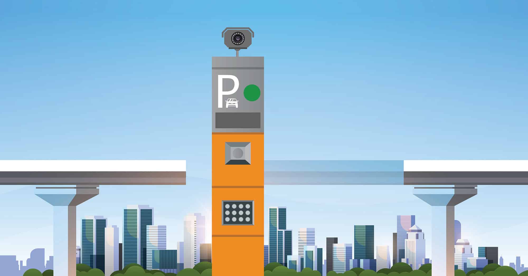 An illustration of a parking meter with a cityscape in the background.