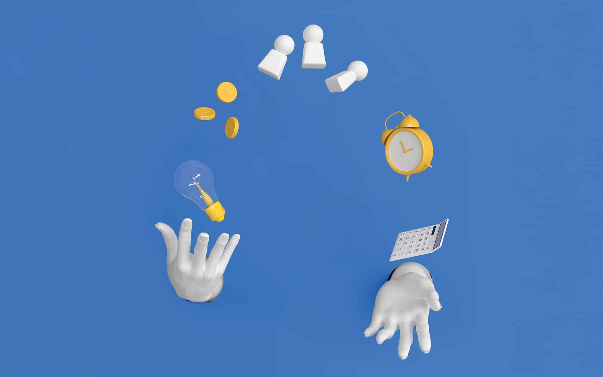 3d illustration of a hand juggling a clock and other objects.